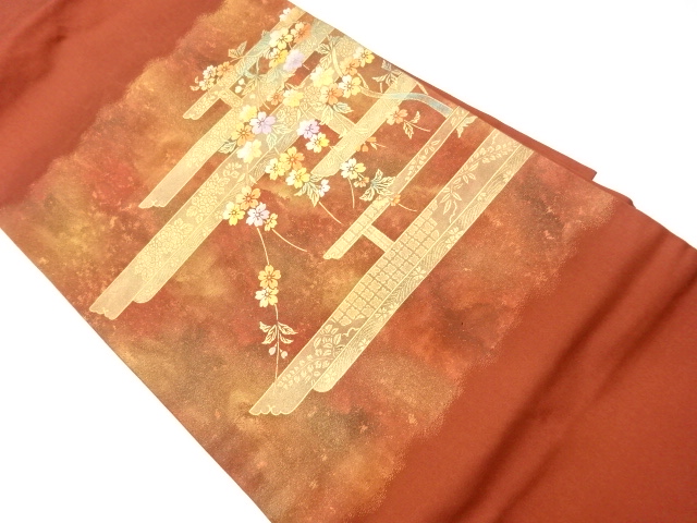 リサイクル　金彩変わり横段に枝垂れ桜模様名古屋帯